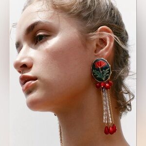 Button Red Floral Enamel Earrings Dangle Chain Tassel Beads Vintage Style Zara